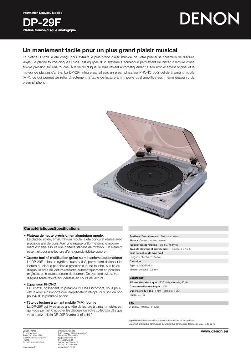 Página 1 del manual Ficha técnica Denon DP-29F