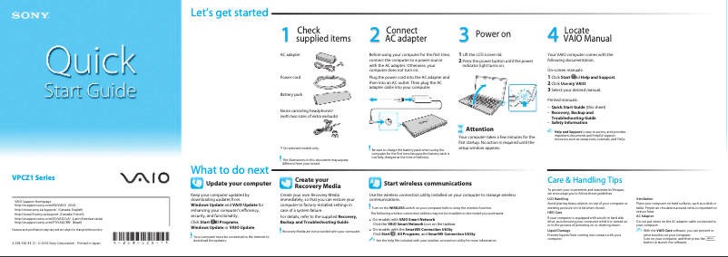Page 1 de la notice Guide d'installation Sony Vaio VPCZ13AHX