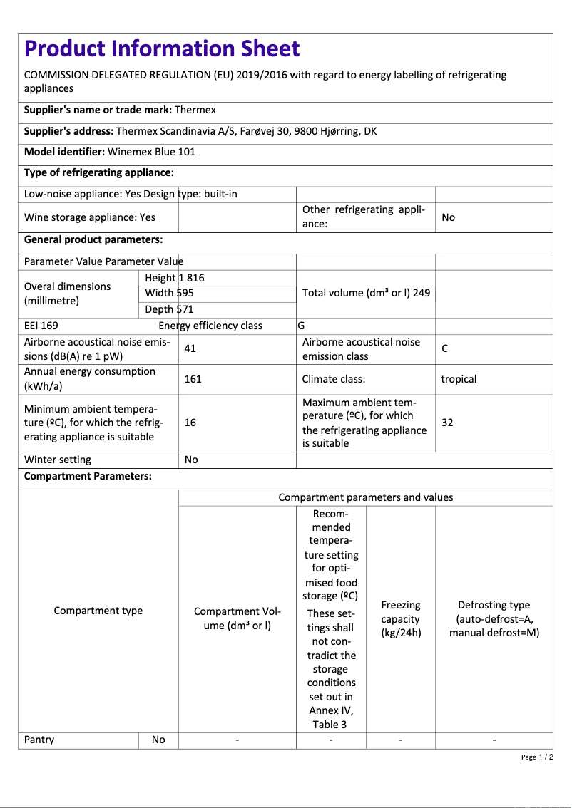 Page 1 de la notice Fiche technique Thermex Winemex Blue 101