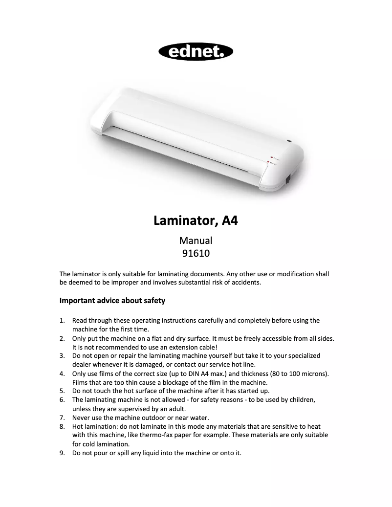 Image de la première page du manuel de l'appareil Laminator A4