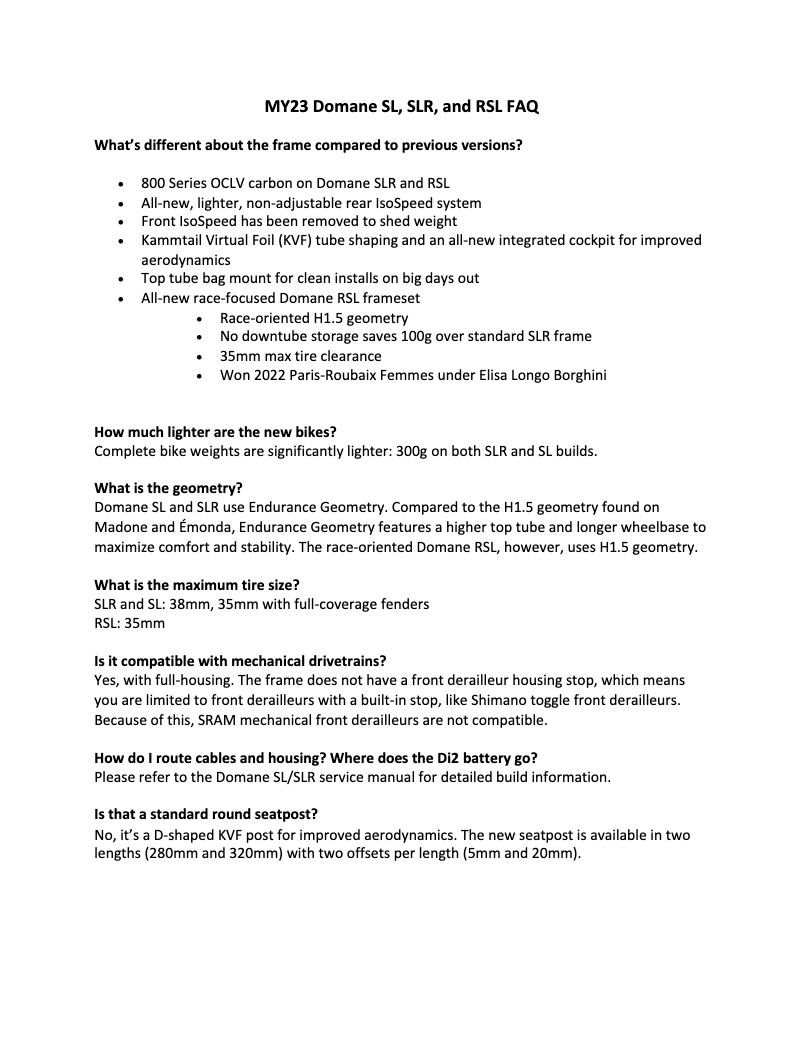 Página 1 del manual Preguntas frecuentes Trek Domane SL 6 Gen 4