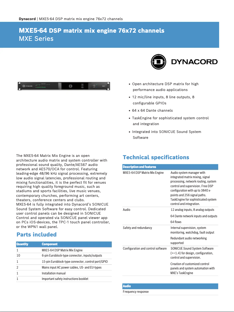 Page 1 de la notice Fiche technique Dynacord MXE5-64