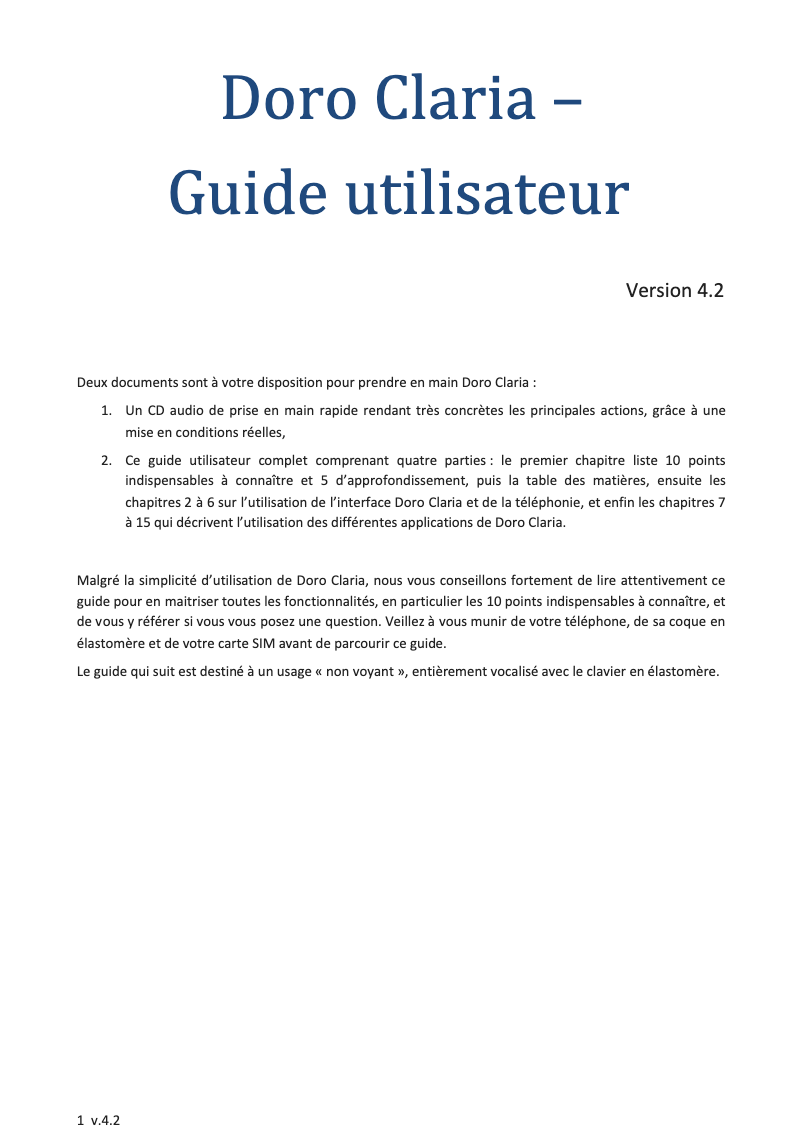 Page 1 de la notice Manuel utilisateur Doro Claria