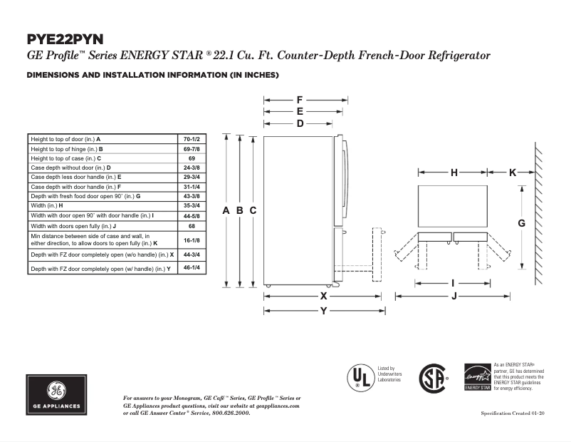 Page 1 de la notice Fiche technique GE Profile PYE22KYNFS
