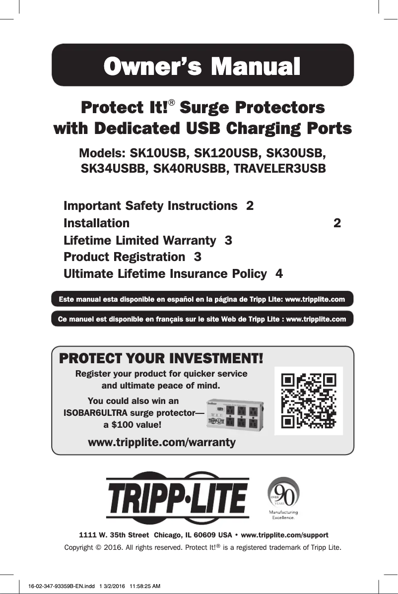 Page 1 de la notice Manuel utilisateur Tripp Lite Protect It! SK34USBB