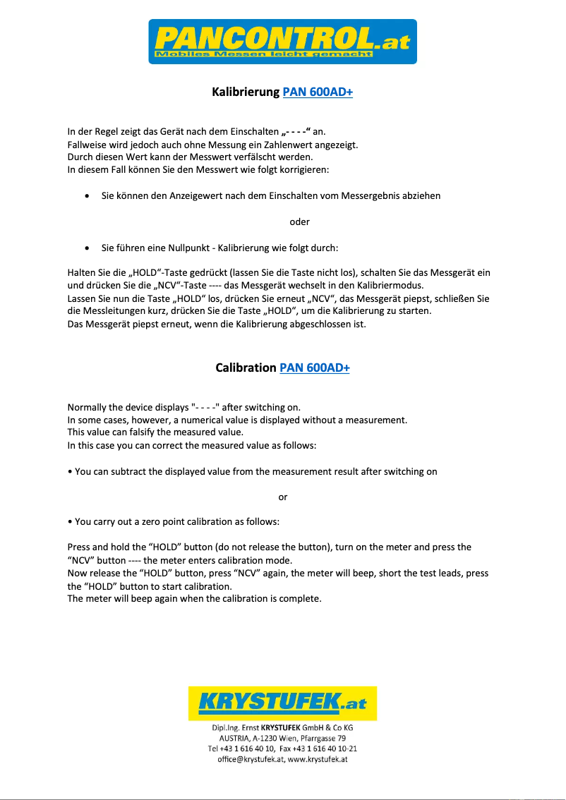 Page 1 de la notice Manuel utilisateur Pancontrol PAN 600AD+