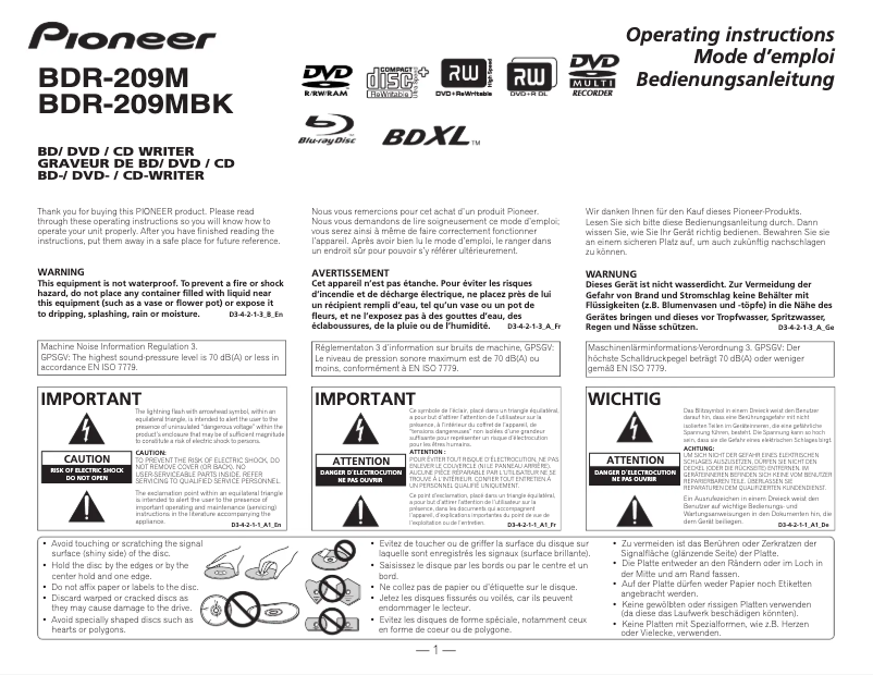 Page 1 de la notice Manuel utilisateur Pioneer BDR-209MBK