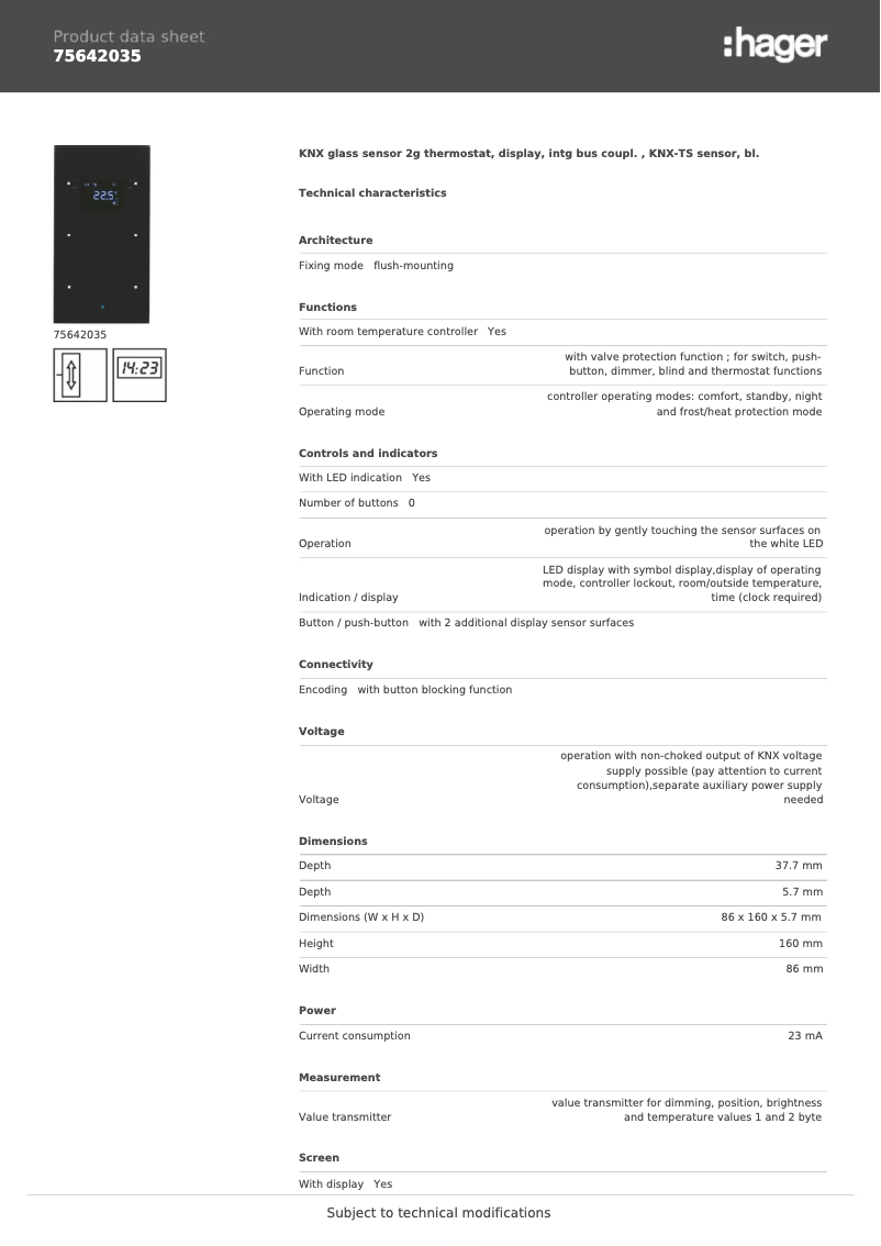 Page n°1 - Fiche technique Hager 75642035