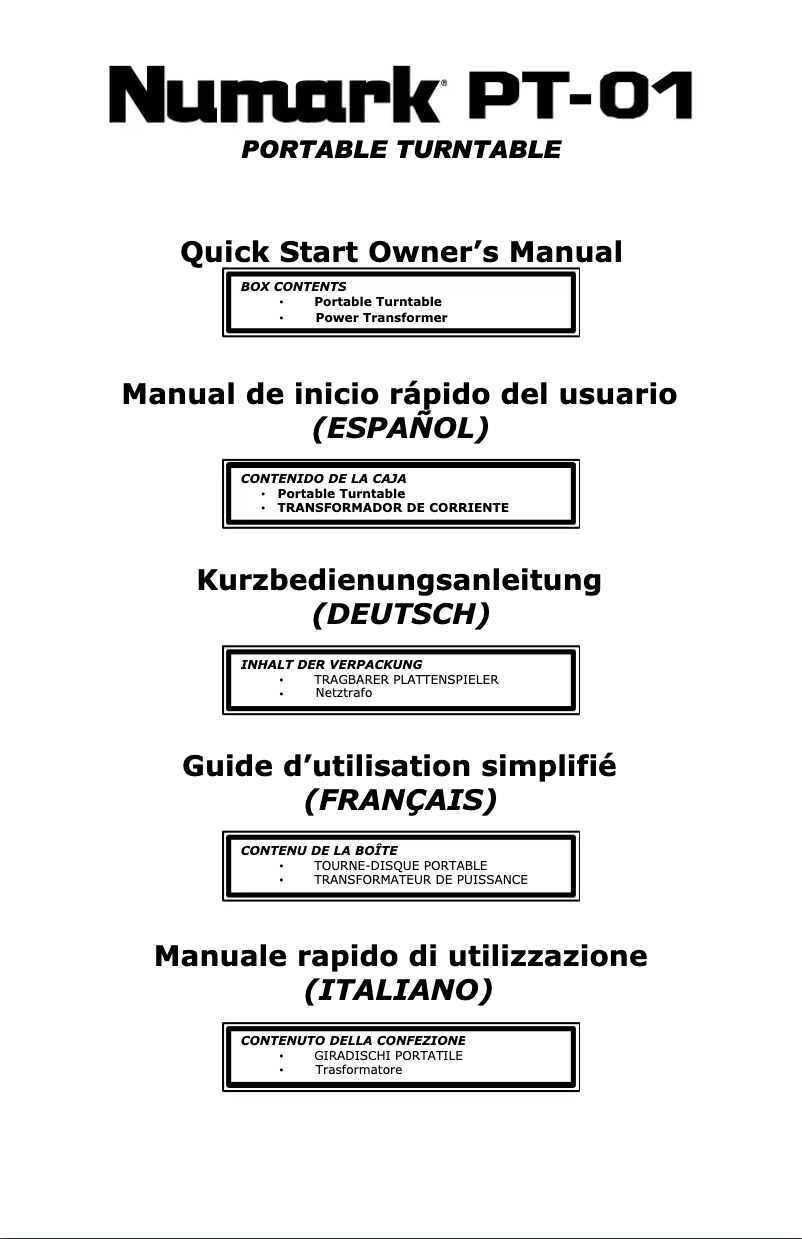 Page n°1 - Manuel utilisateur Numark PT-01