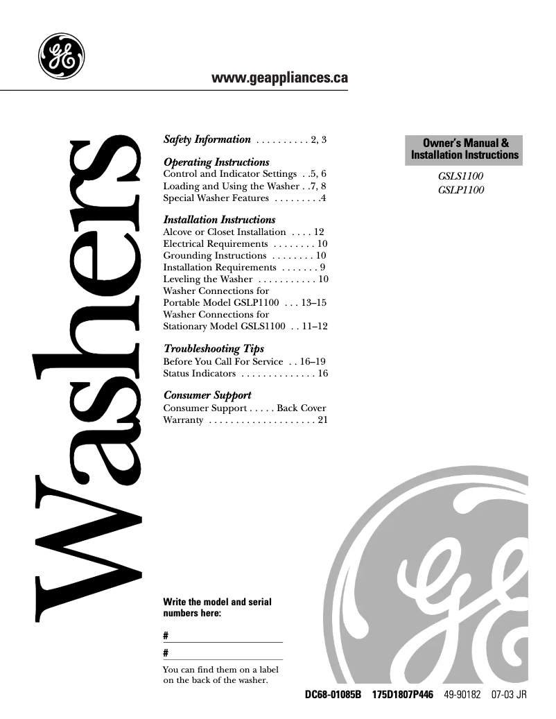 Image de la première page du manuel de l'appareil GSLS1100DWW