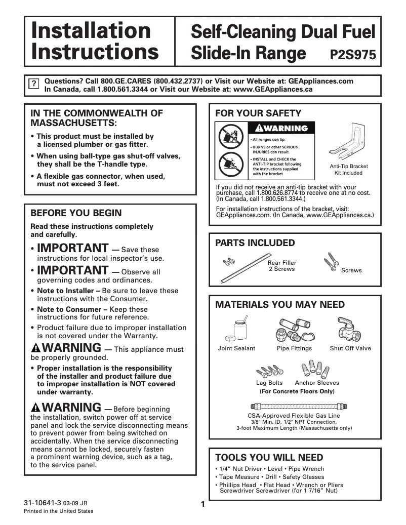 Page n°1 - Guide d'installation GE Profile P2S975BEMBB