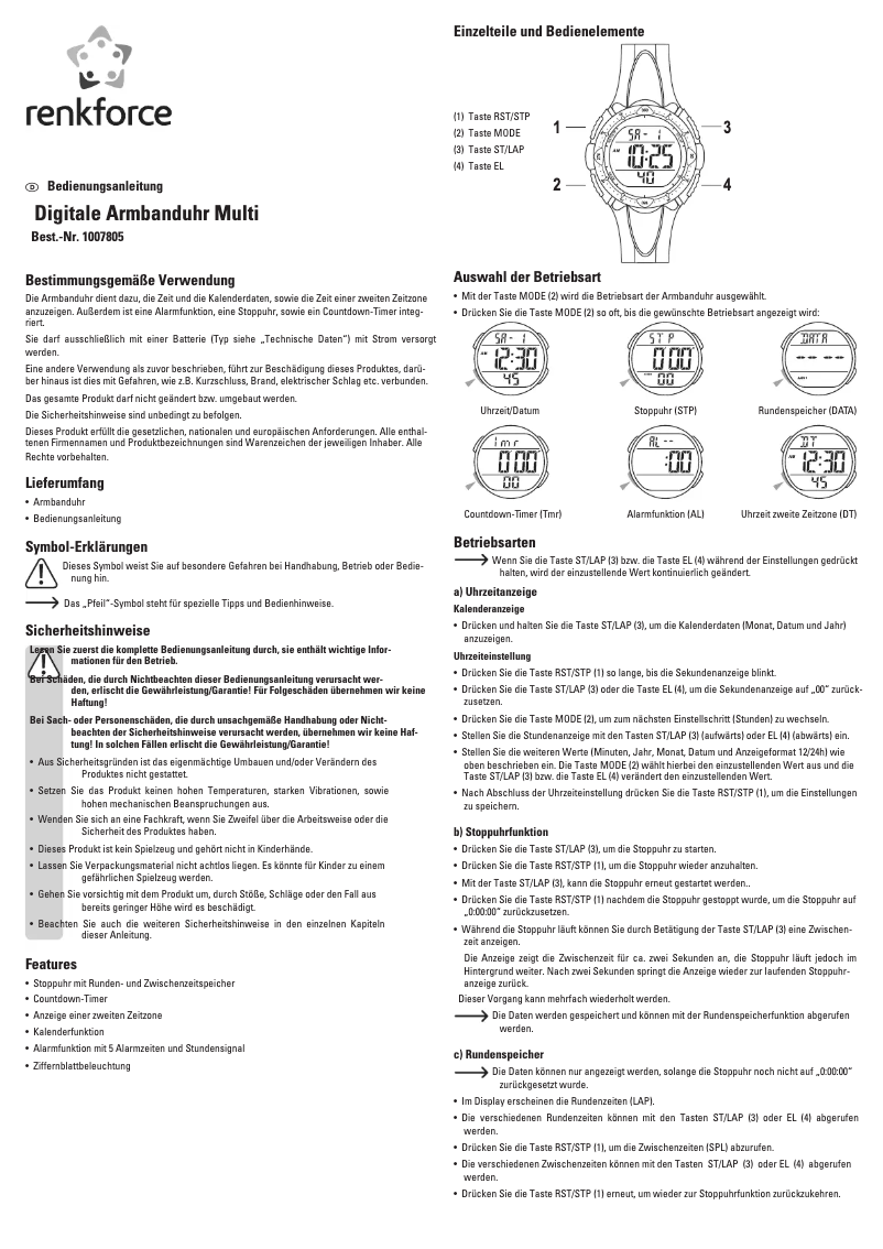 Page 1 de la notice Manuel utilisateur Renkforce 1007805