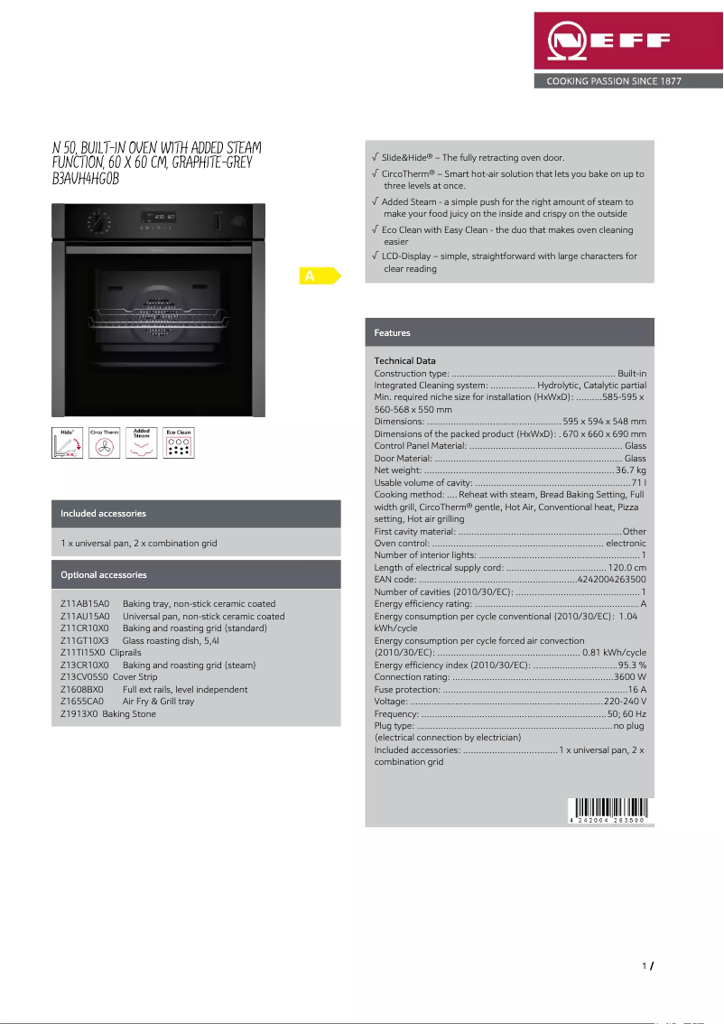 Page n°1 - Fiche technique Neff B3AVH4HG0B