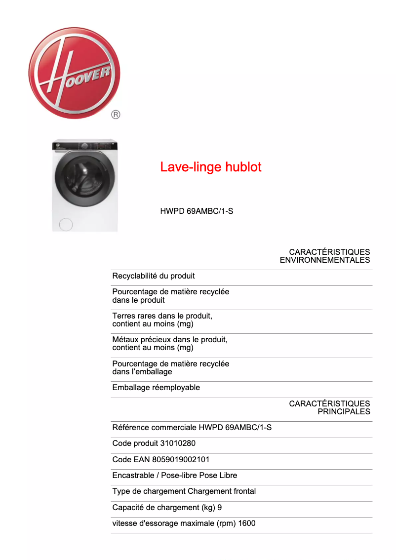 Page n°1 - Fiche technique Hoover H-WASH 500 HWPD 69AMBC/1-S