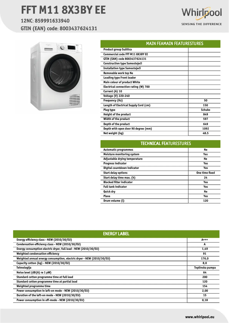Page n°1 - Fiche technique Whirlpool FFT M11 8X3BY EE