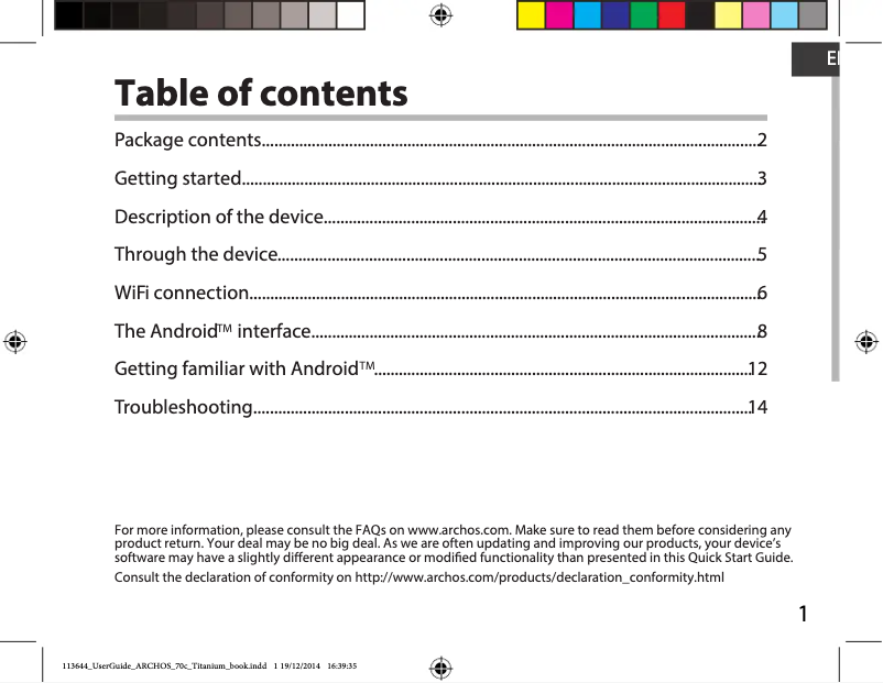 Page 1 de la notice Guide de démarrage rapide Archos 70c