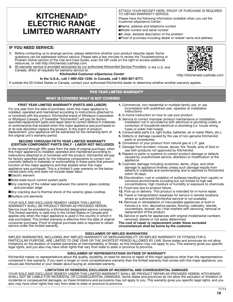 Página 1 del manual Información de garantía KitchenAid KFEG500EBL