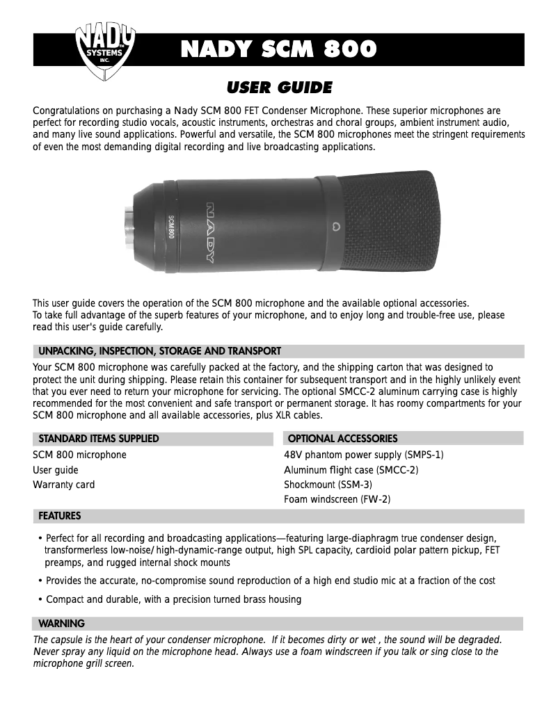 Page 1 de la notice Manuel utilisateur Nady Systems SCM-800