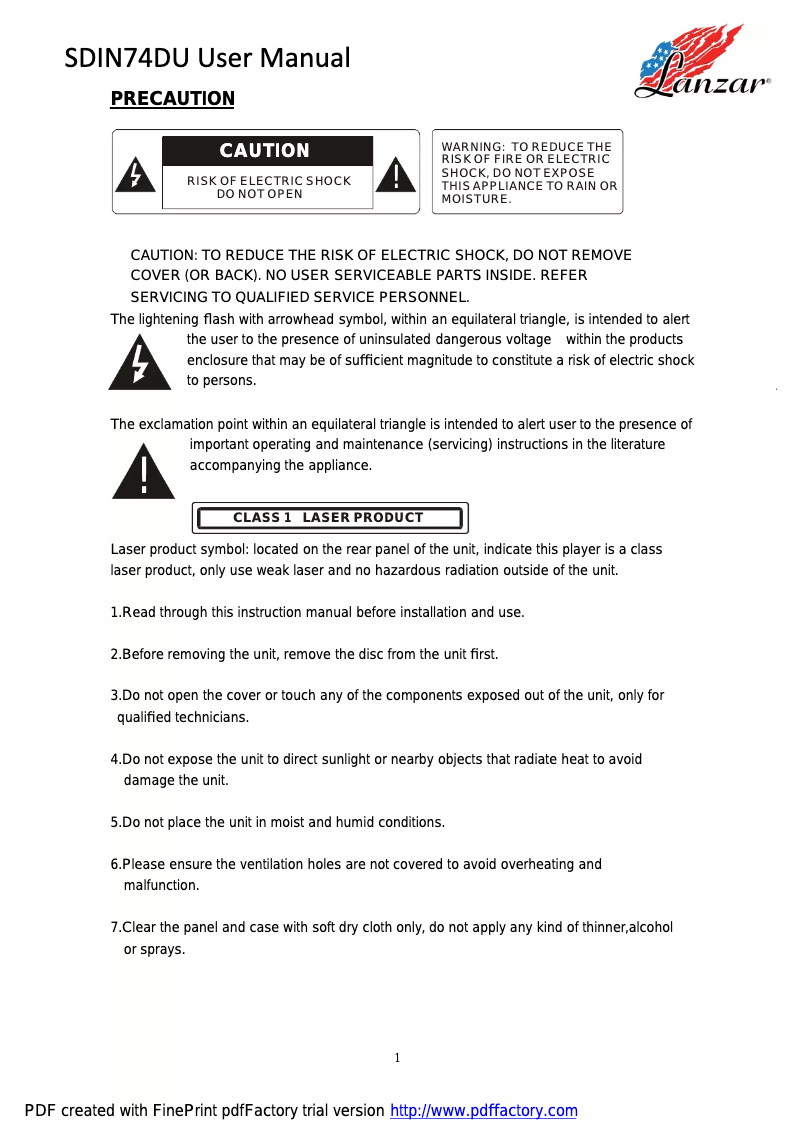 Page 1 de la notice Manuel utilisateur Lanzar SDIN74DU