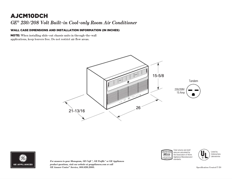 Page 1 de la notice Fiche technique GE AJCM10DCH