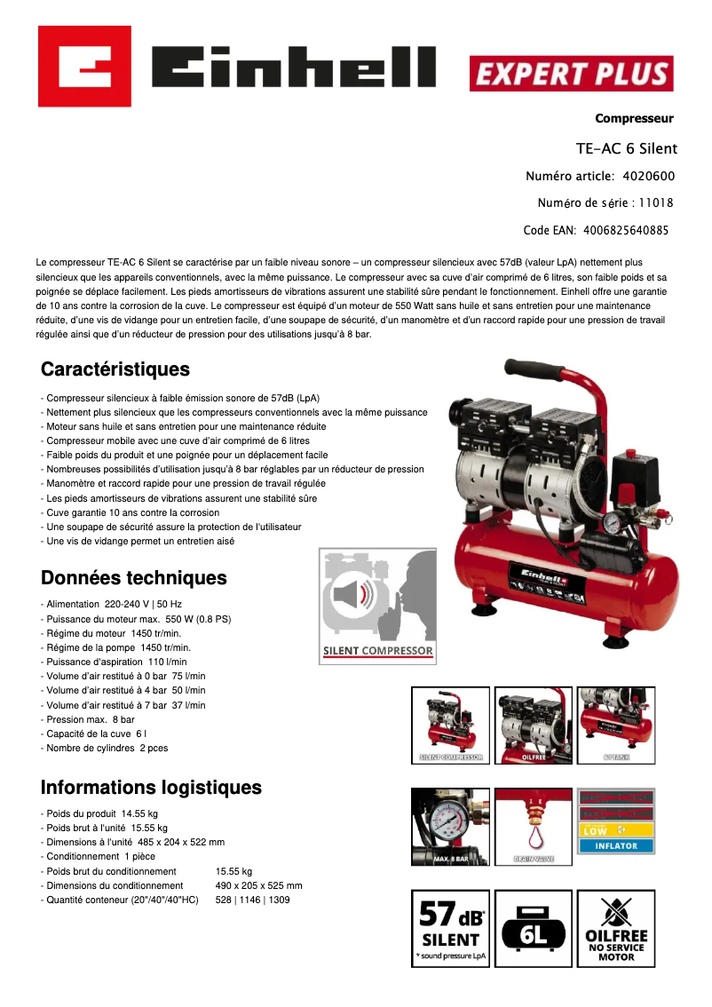 Page 1 de la notice Fiche technique Einhell TE-AC 6 Silent