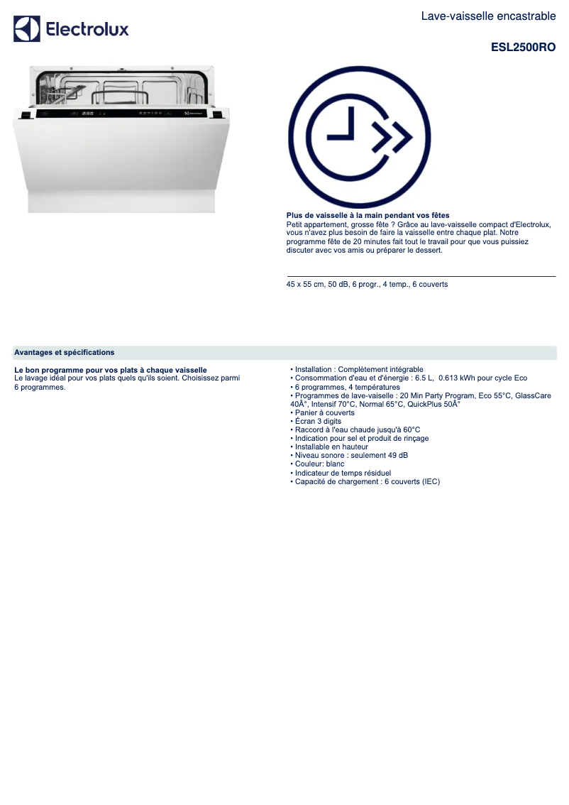 Page 1 de la notice Fiche technique Electrolux ESL2500RO