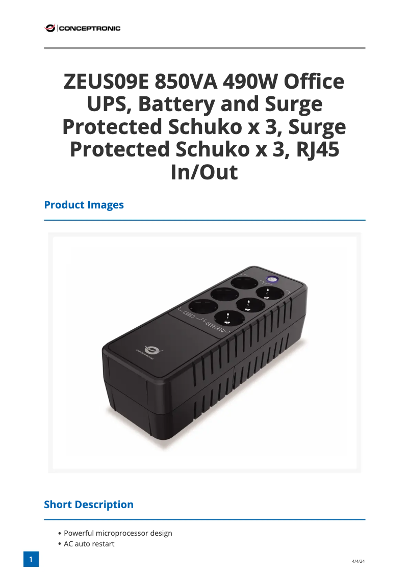Page n°1 - Fiche technique Conceptronic ZEUS09E