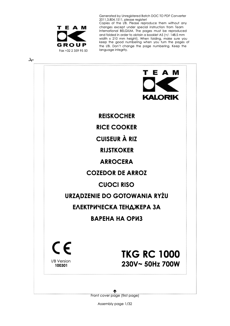 Imagen de la primera página del manual del dispositivo TKG RC 1000