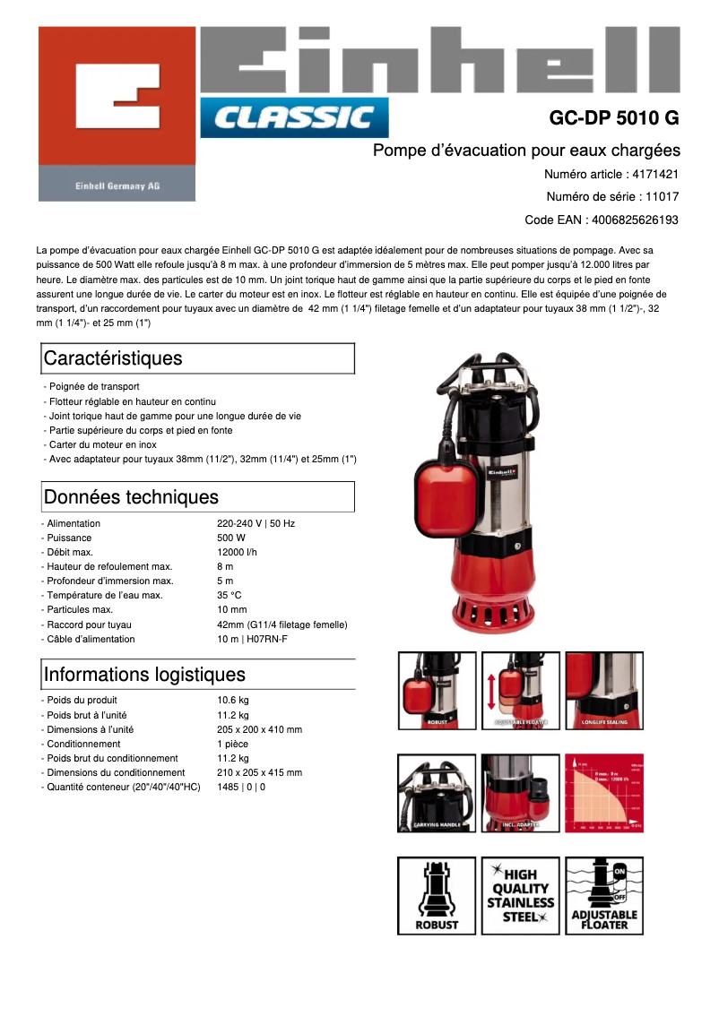 Page 1 de la notice Fiche technique Einhell GC-DP 5010 G