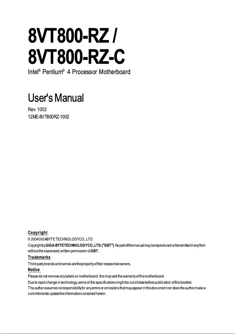 Image de la première page du manuel de l'appareil 8VT800-RZ