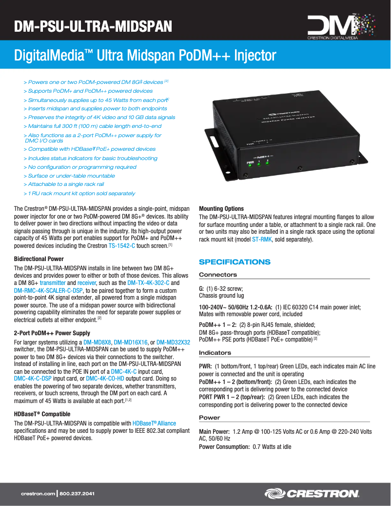 Page 1 de la notice Fiche technique Crestron DM-PSU-ULTRA-MIDSPAN