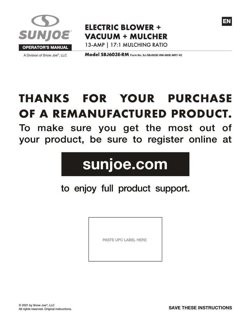 Page 1 de la notice Manuel utilisateur Sun Joe SBJ603E-RM