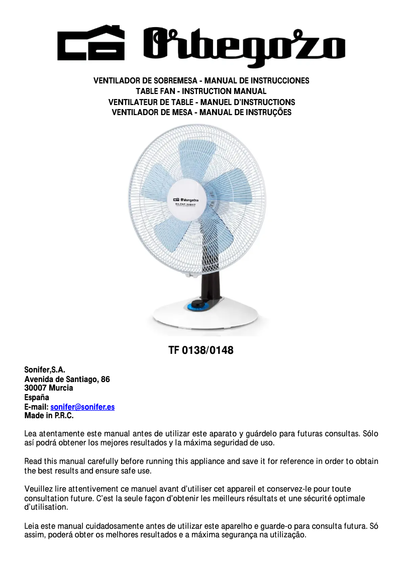 Page n°1 - Manuel utilisateur Orbegozo TF 0138