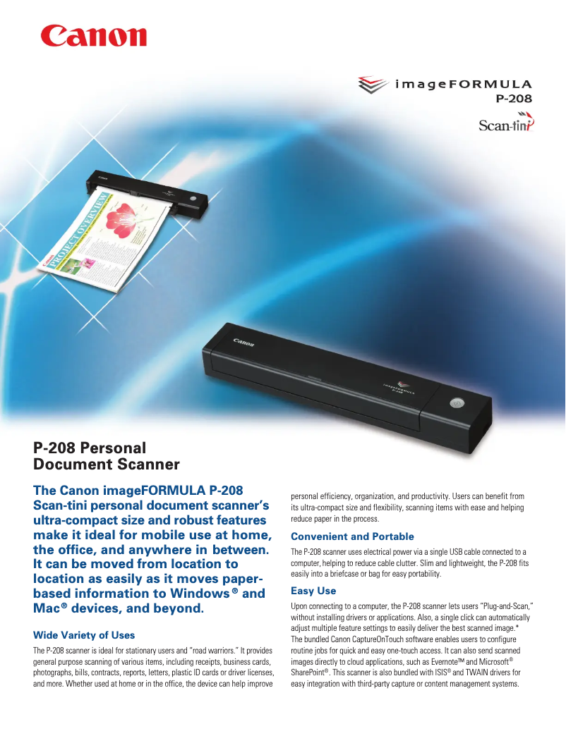 Page 1 de la notice Brochure Canon ImageFORMULA P208II