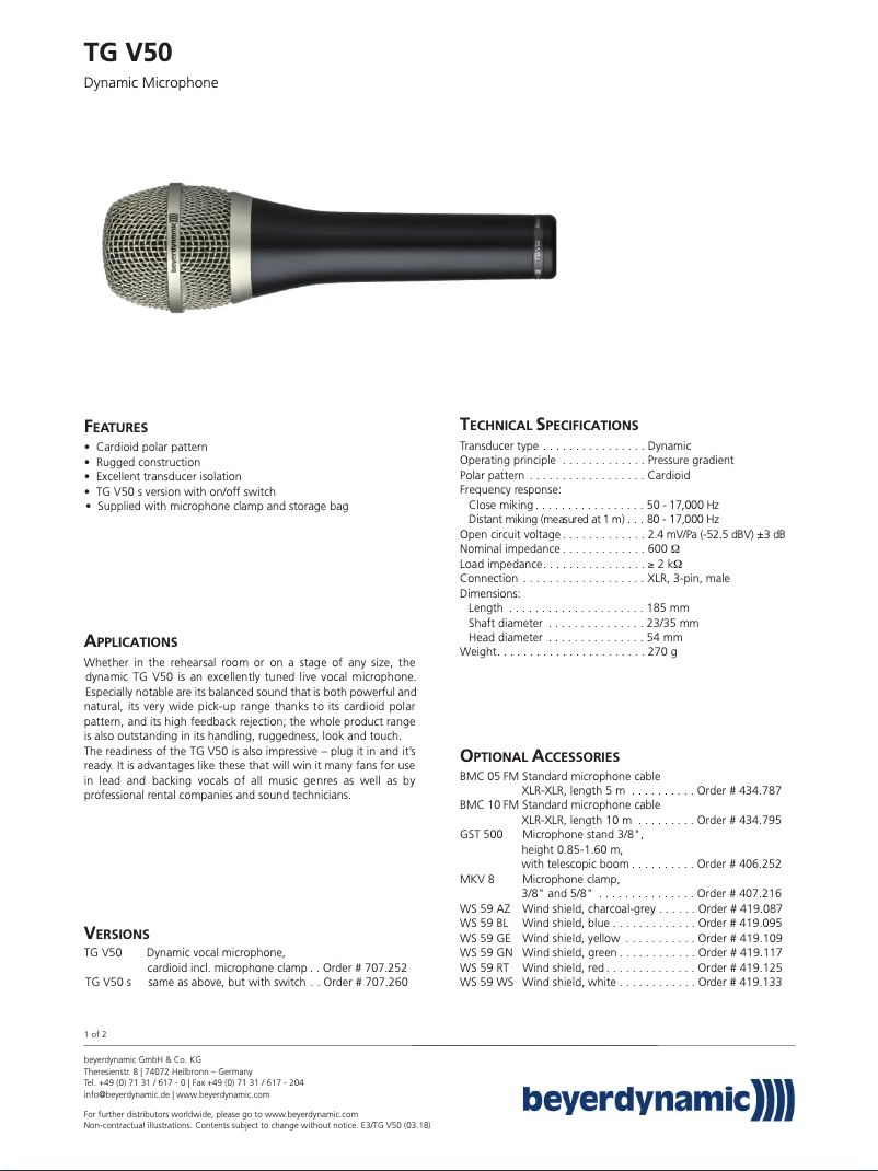 Page 1 de la notice Fiche technique Beyerdynamic TG V50