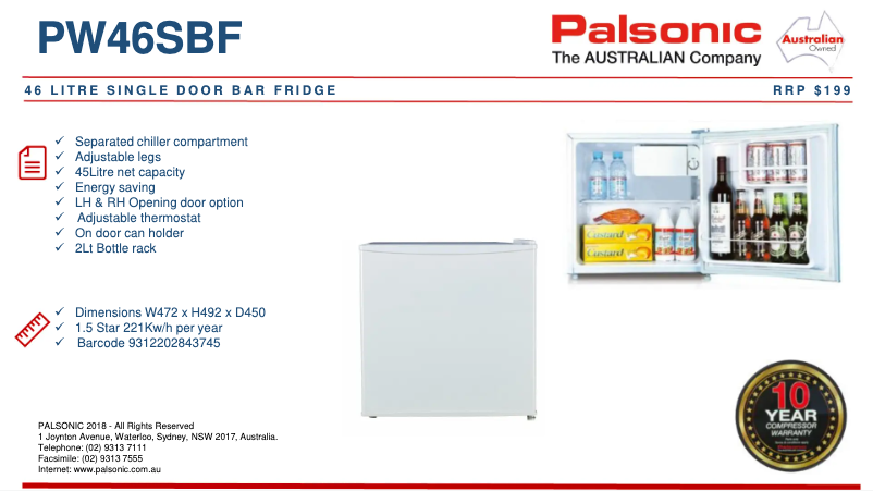 Page 1 de la notice Fiche technique Palsonic PW46SBF