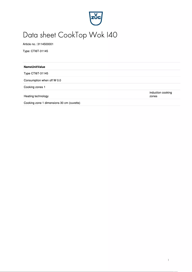 Page 1 de la notice Fiche technique V-Zug CookTop Wok I40