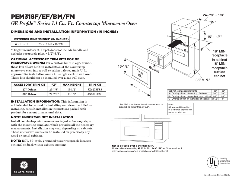 Page 1 de la notice Fiche technique GE Profile PEM31SFSS