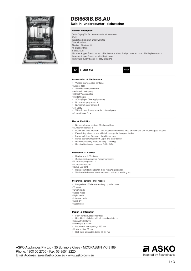Page 1 de la notice Fiche technique Asko DBI653IB.BS.AU
