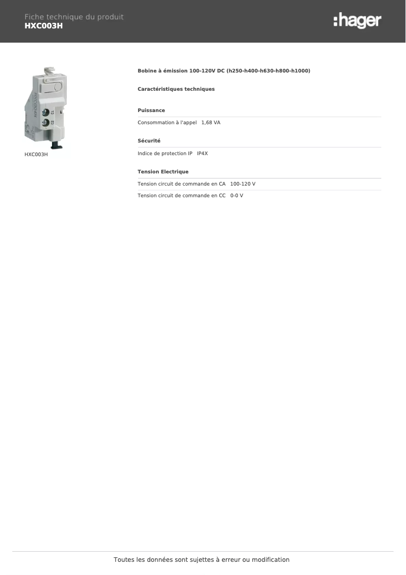 Page 1 de la notice Fiche technique Hager HXC003H