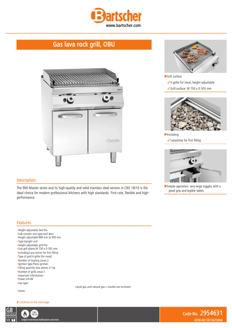 Page 1 de la notice Fiche technique Bartscher 2954521