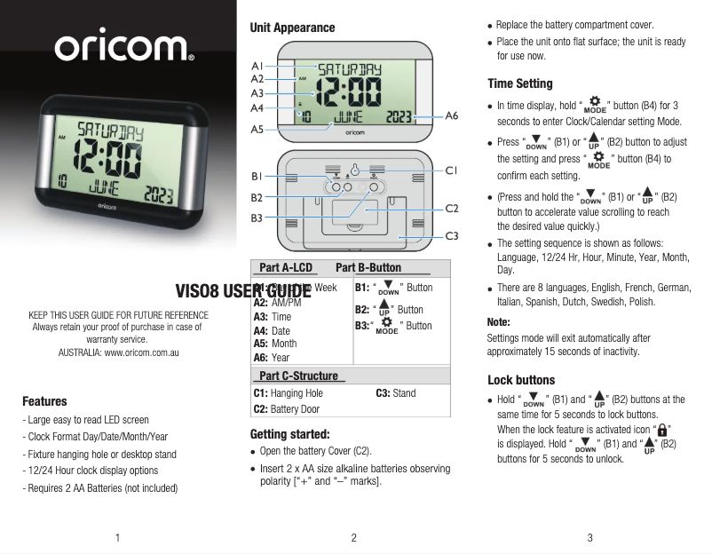 Page n°1 - Manuel utilisateur Oricom VISO8
