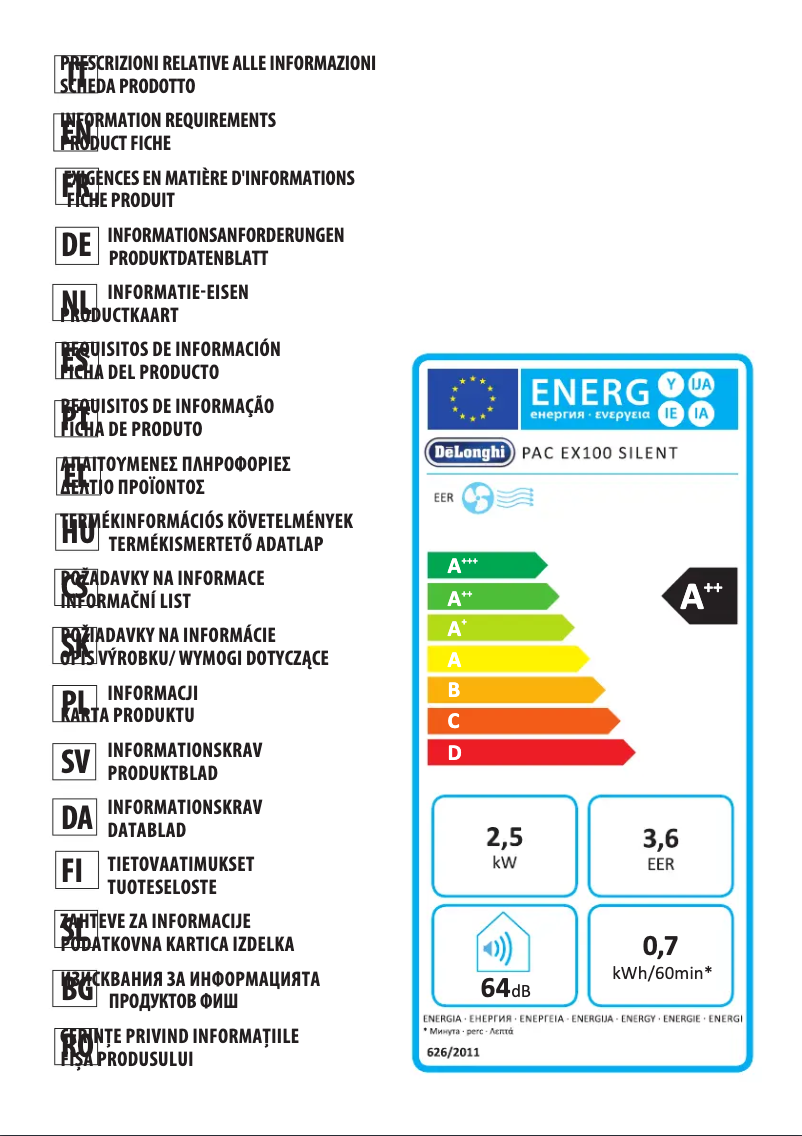 Page 1 de la notice Fiche technique DeLonghi PAC EX100 Silent
