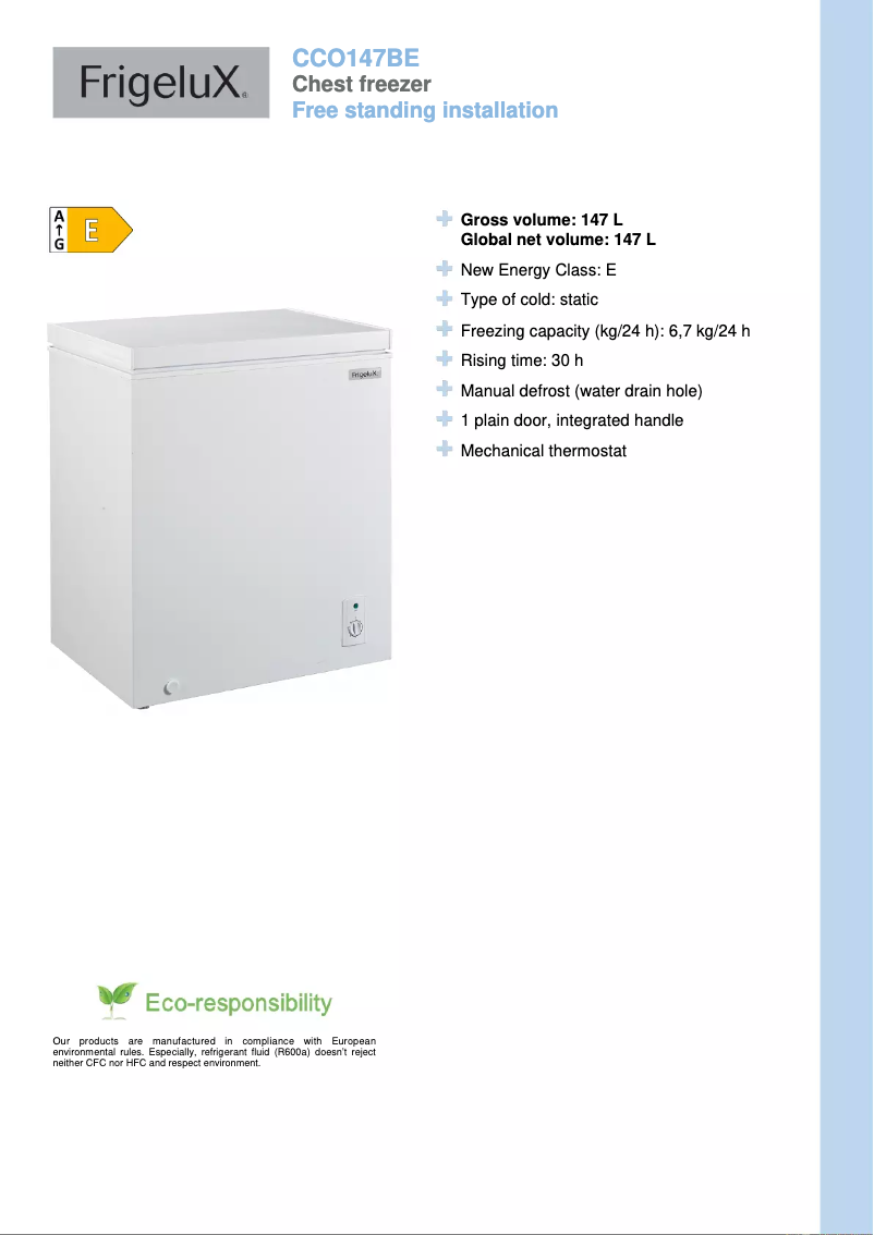 Page 1 de la notice Fiche technique FrigeluX CCO147BE