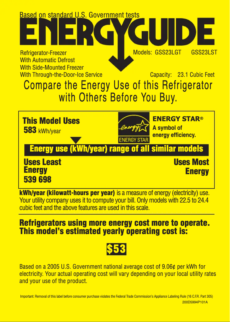 Page 1 of the manual Energy Label GE GSS23LSTSS