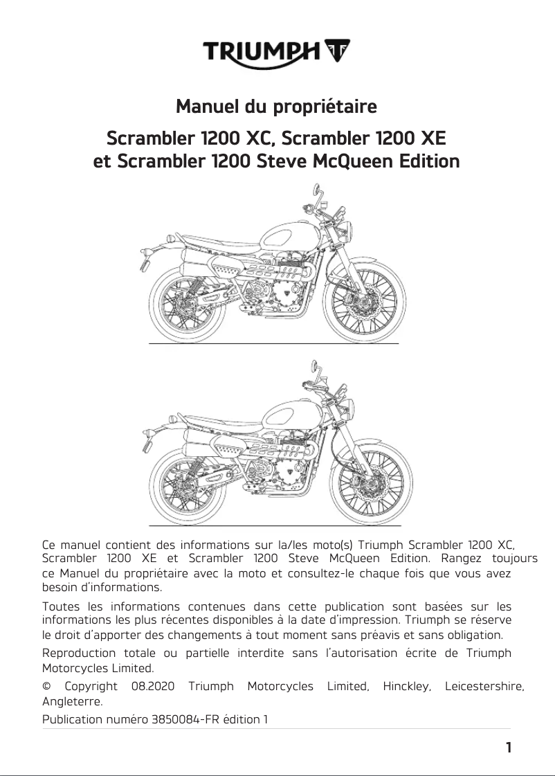 Page 1 de la notice Manuel utilisateur Triumph Scrambler 1200 Steve McQueen Edition