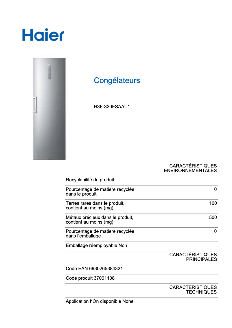 Page n°1 - Label énergétique Haier H3F-320FSAAU1