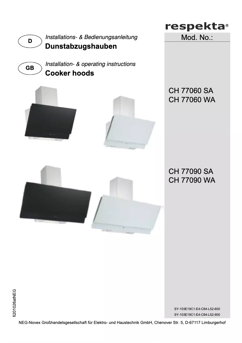 Page 1 de la notice Manuel utilisateur Respekta Selena CH77060SA
