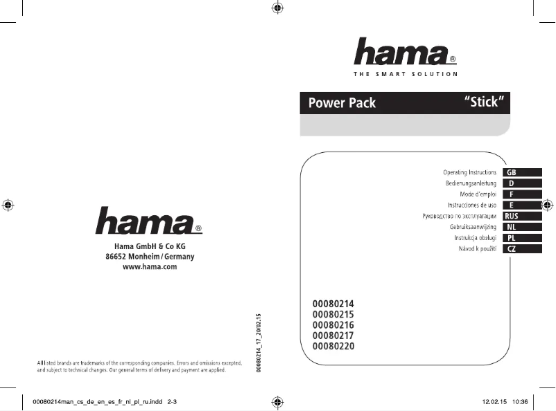 Page 1 de la notice Manuel utilisateur Hama Stick 00080217