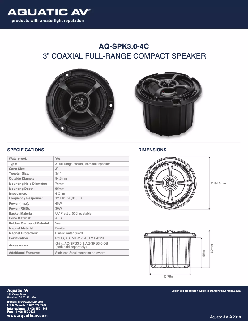 Page 1 de la notice Manuel utilisateur Aquatic AV AQ-SPK3.0-4C